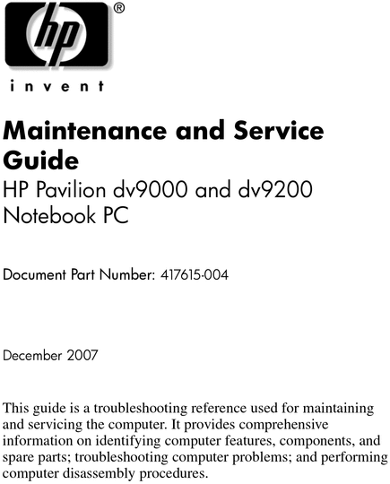 hp pavilion dv9000 service manual